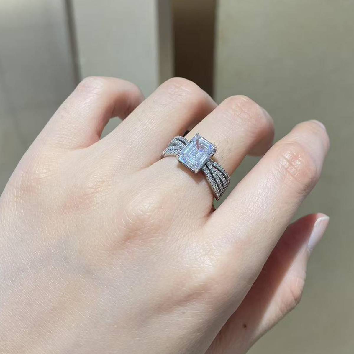 Emerald Cut Women's Ring S925 Silver Plated Platinum Customized Selection Main Stone Moissanite Diamond 3.0ct/Secondary Stone High Carbon Diamond